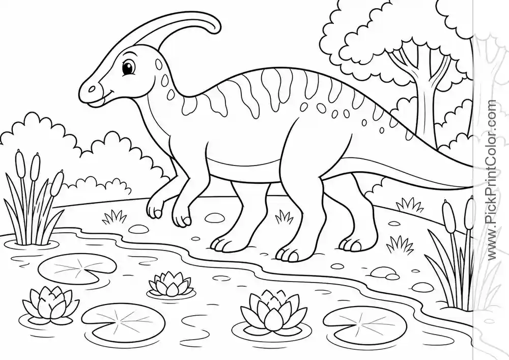 Parasaurolophus Walking by a Lily Pond black-and-white dinosaur coloring page