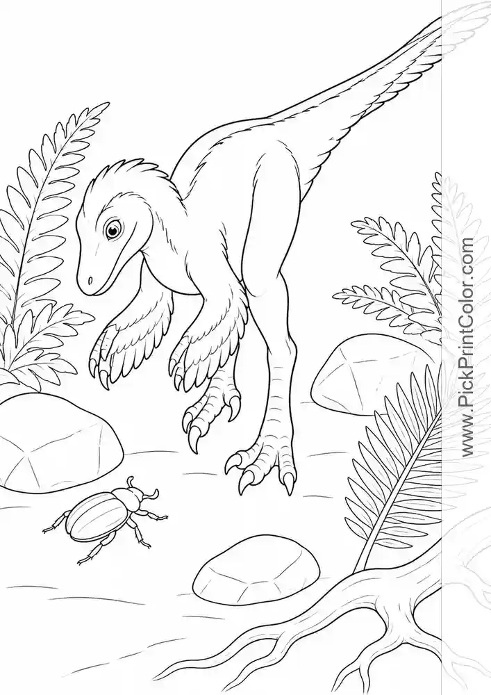 Feathered Velociraptor Exploring the Ferns black-and-white dinosaur coloring page