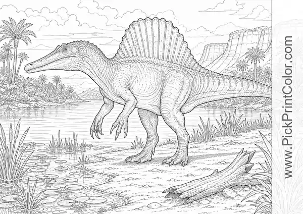 Realistic Spinosaurus on a Quiet Riverbank black-and-white dinosaur coloring page