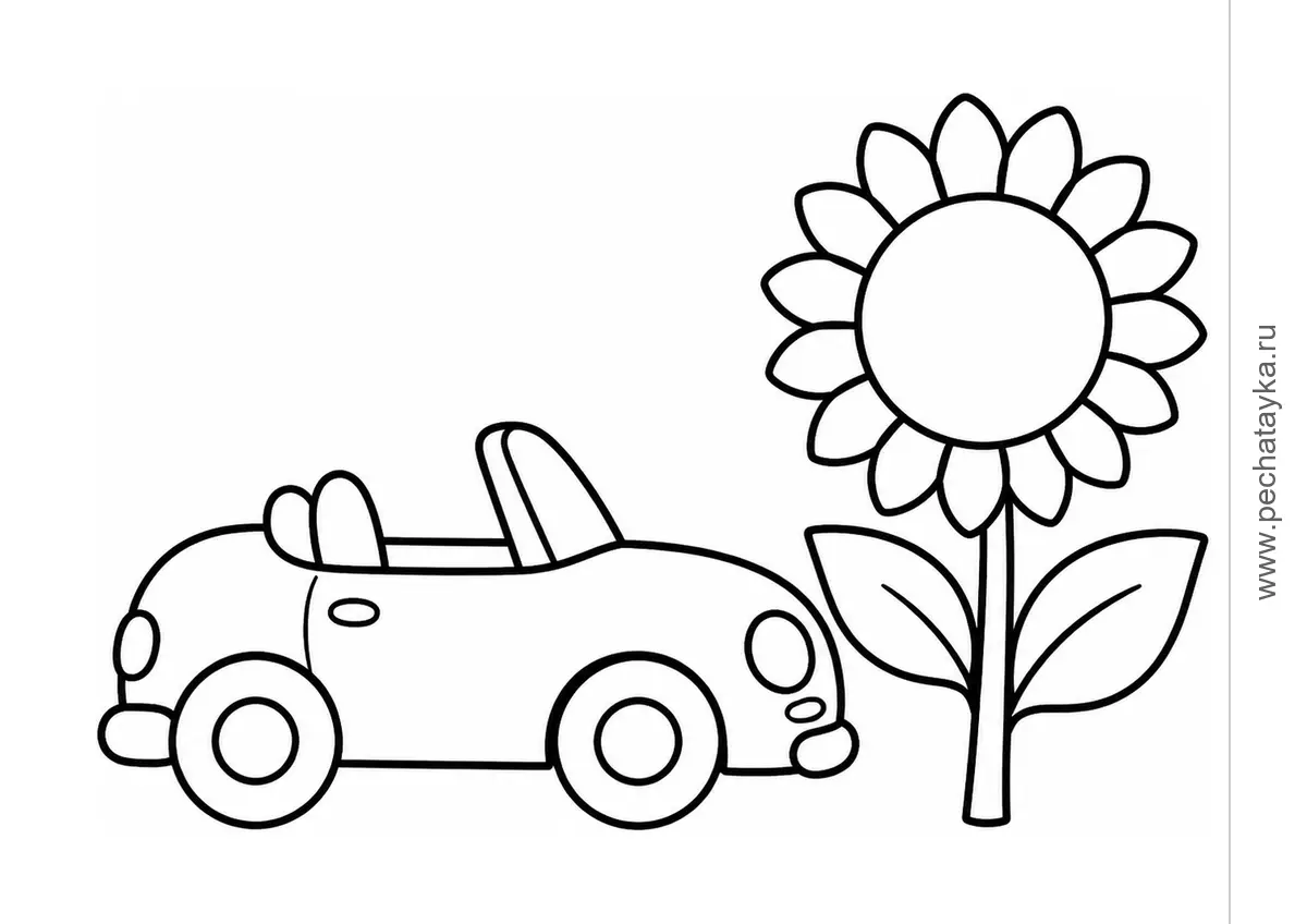 Small Convertible Beside a Sunflower black-and-white printable coloring page