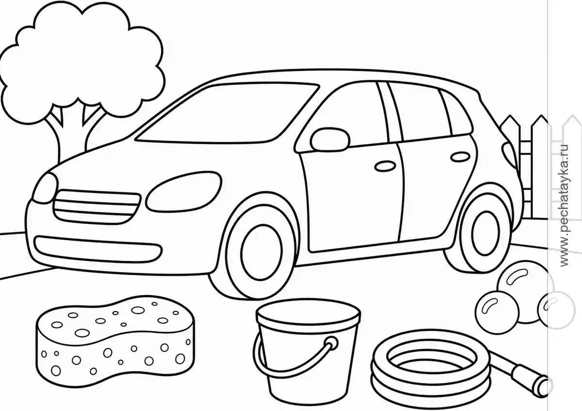 Family Car at an Outdoor Car Wash black-and-white printable coloring page