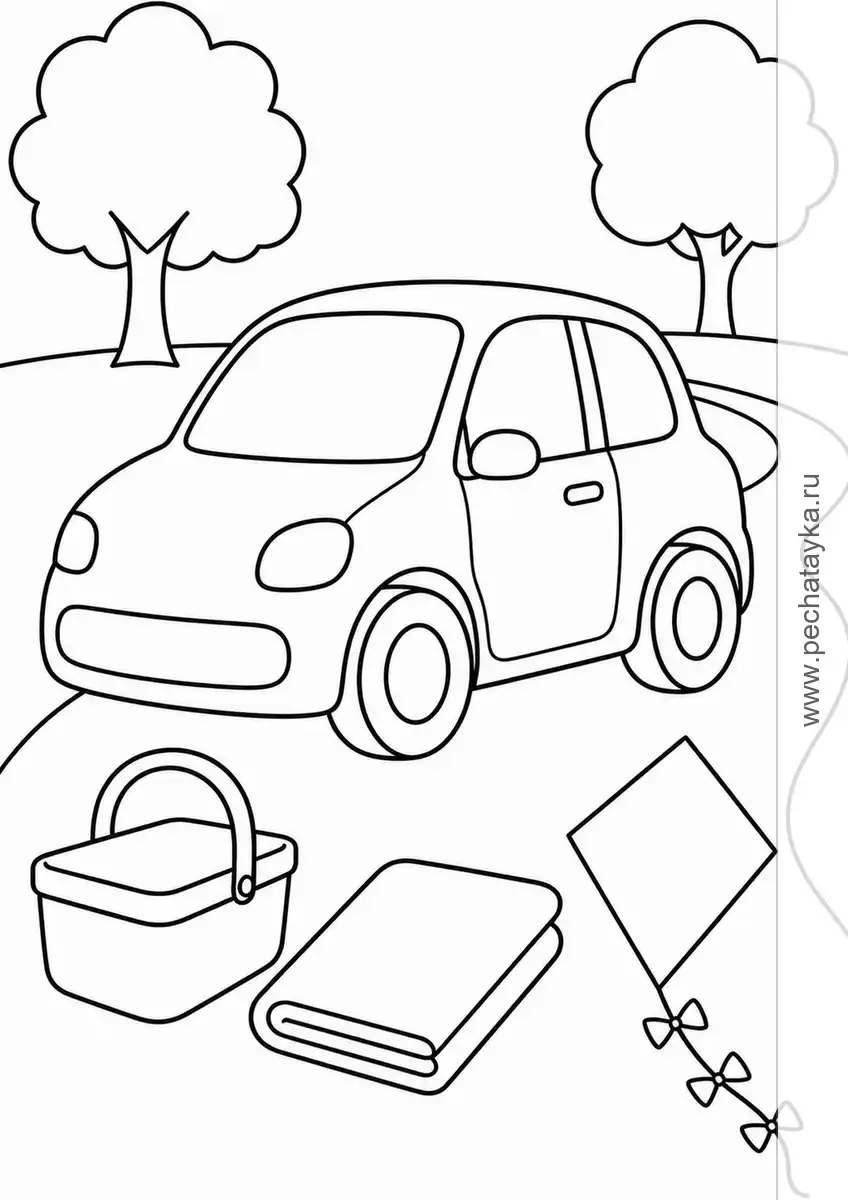 City Car Ready for a Park Picnic black-and-white printable coloring page