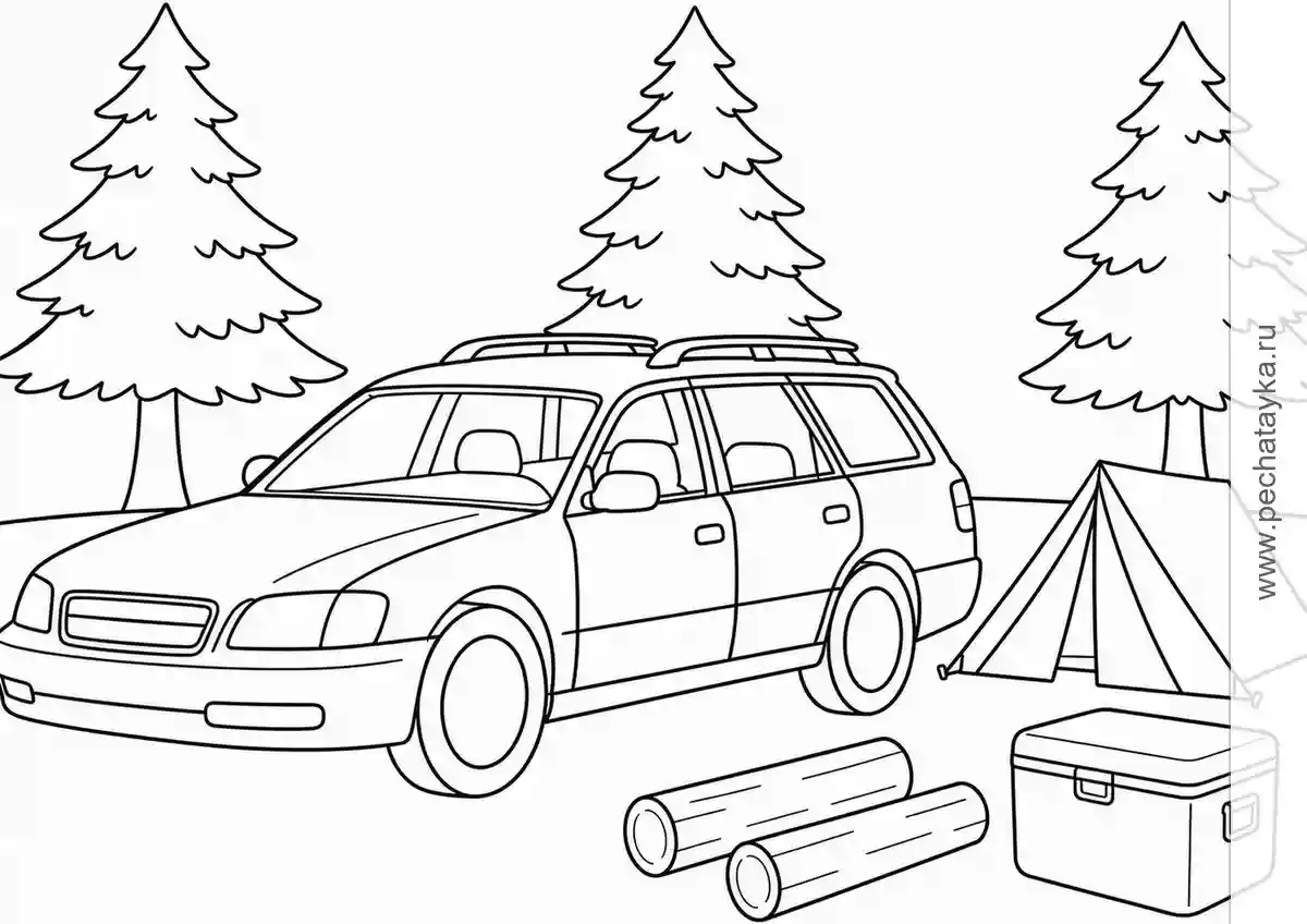 Station Wagon at a Forest Campsite black-and-white printable coloring page