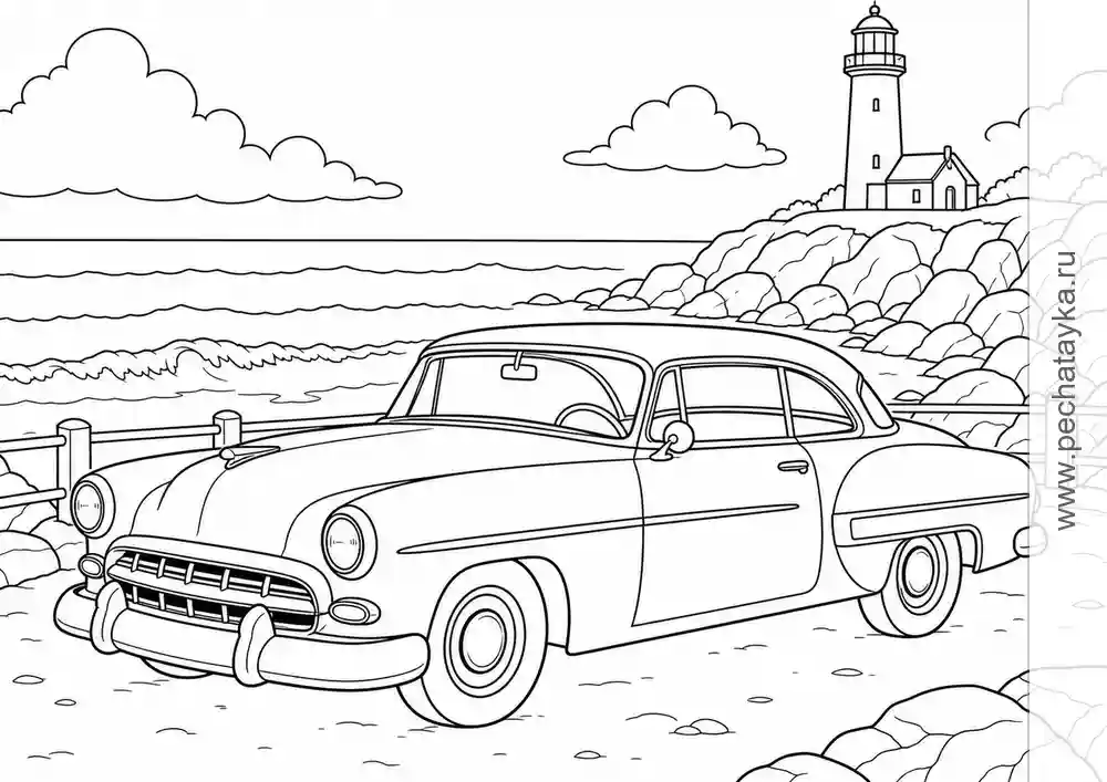 Classic Car at a Seaside Overlook black-and-white printable coloring page