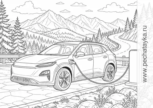 Electric Car at a Mountain Charging Stop black-and-white printable coloring page