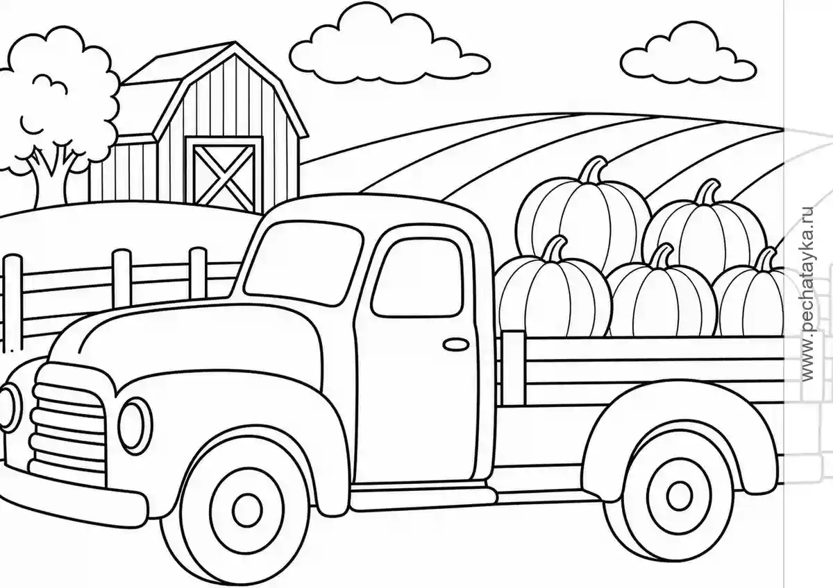 Farm Truck Carrying Pumpkins black-and-white printable coloring page