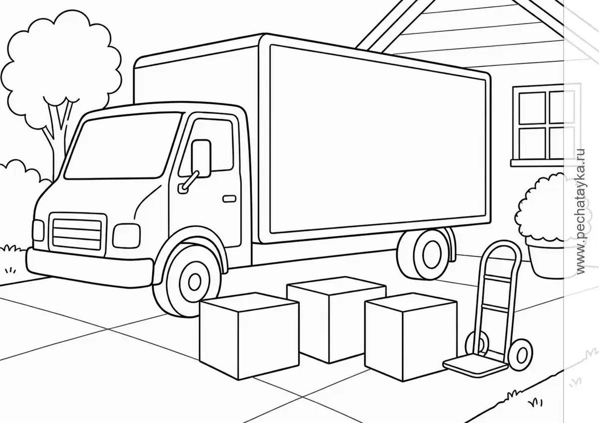 Moving Truck at a Quiet Driveway black-and-white printable coloring page