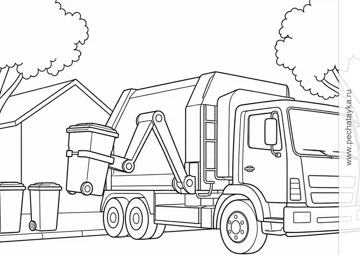 Garbage Truck Collecting Bins on a Quiet Street black-and-white printable coloring page
