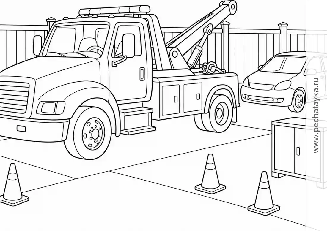 Tow Truck in an Outdoor Service Yard black-and-white printable coloring page