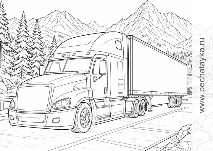 Long-Haul Truck at a Mountain Rest Area black-and-white printable coloring page