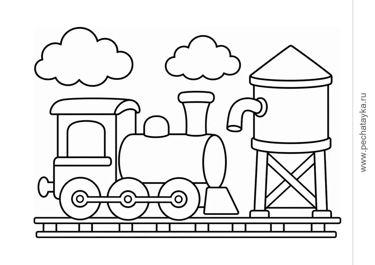 Little Steam Train Beside a Big Water Tower black-and-white printable coloring page