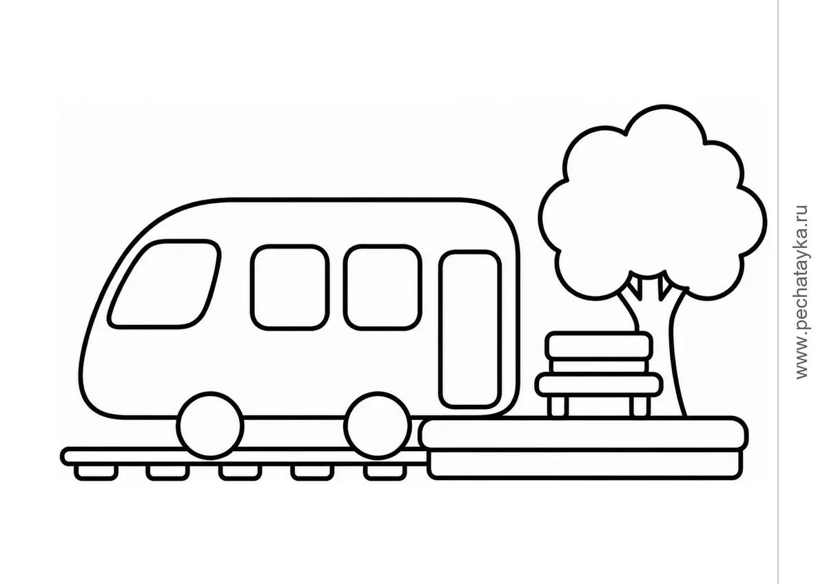 Small Passenger Train at a Country Platform black-and-white printable coloring page