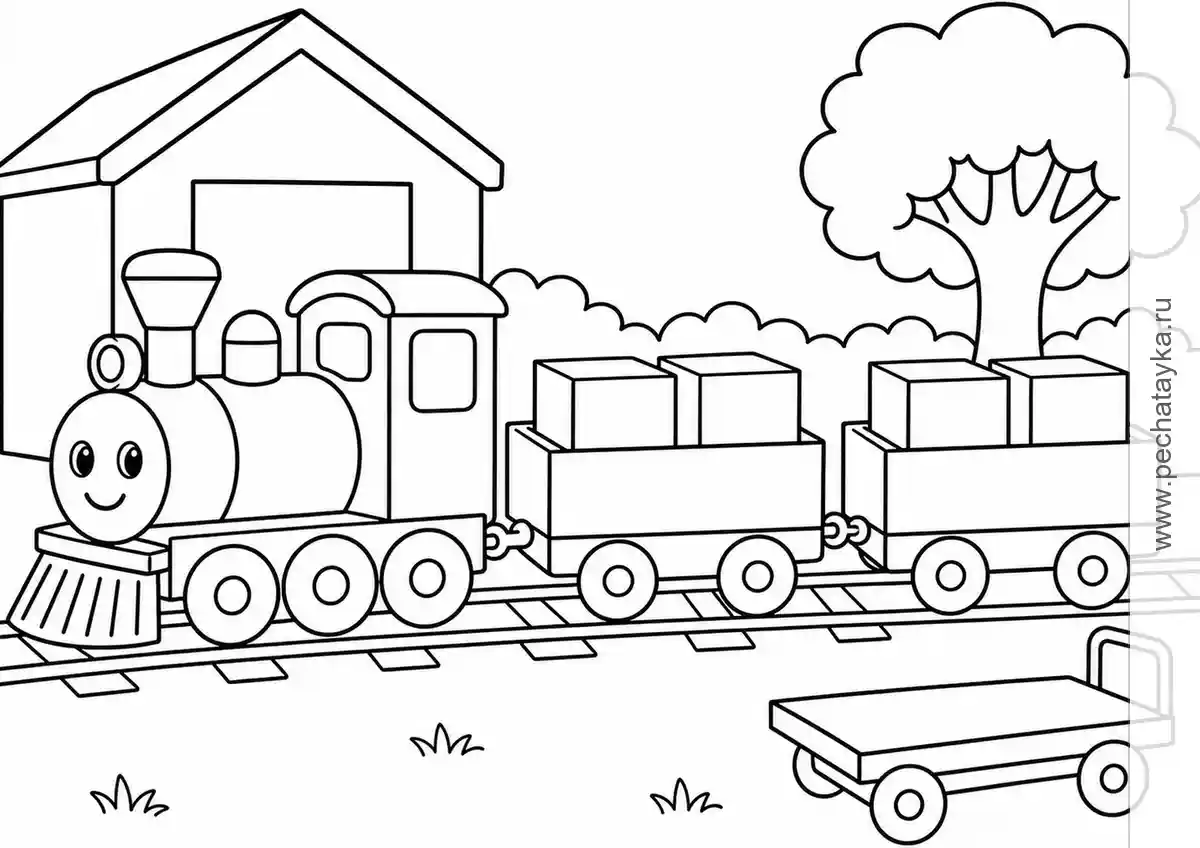 Freight Train Carrying Fruit Crates black-and-white printable coloring page