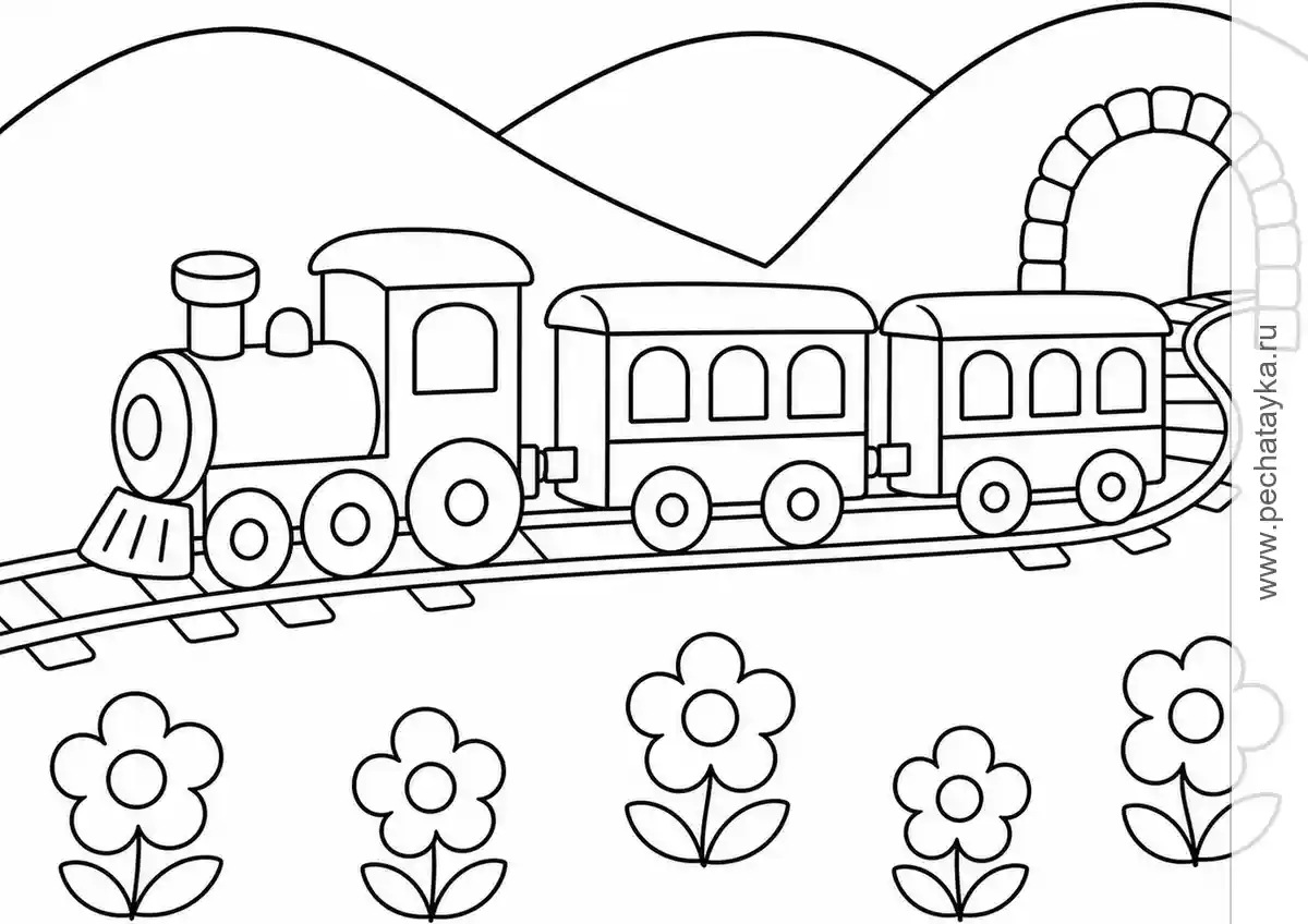 Passenger Train Passing a Flower Meadow black-and-white printable coloring page