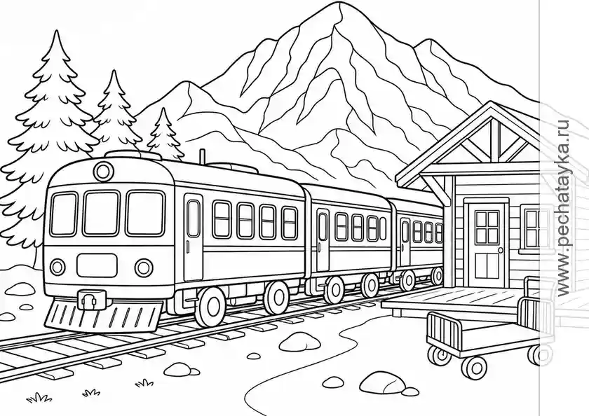 Mountain Train Waiting at a Timber Station black-and-white printable coloring page