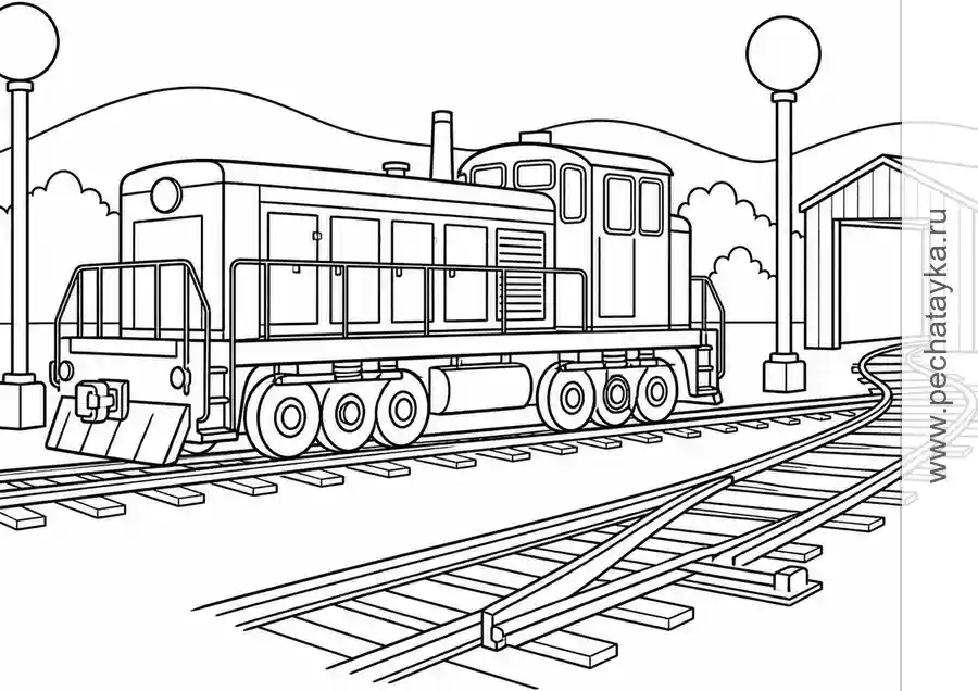 Diesel Train in a Quiet Rail Yard black-and-white printable coloring page