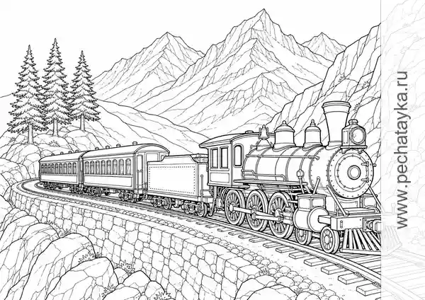 Vintage Steam Train in a Mountain Pass black-and-white printable coloring page