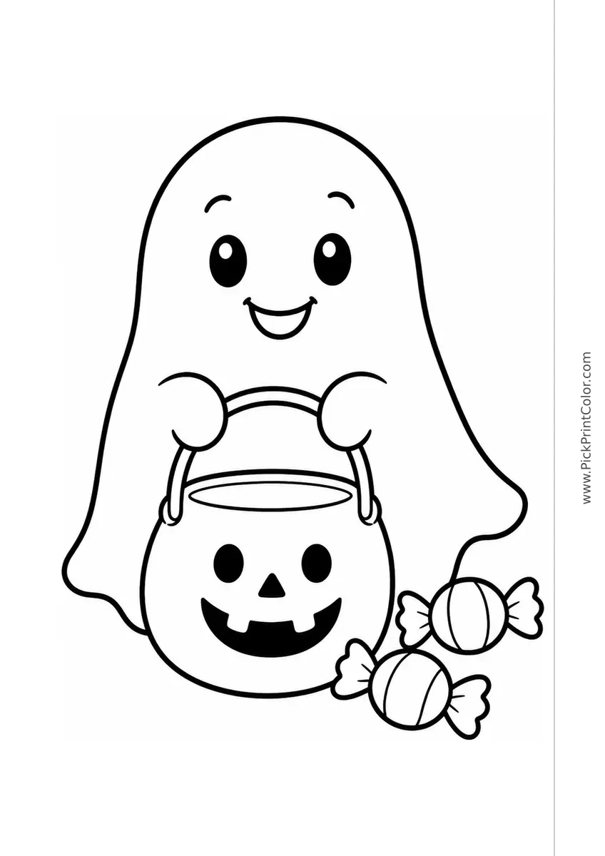 Friendly Ghost with a Candy Bucket black-and-white printable coloring page