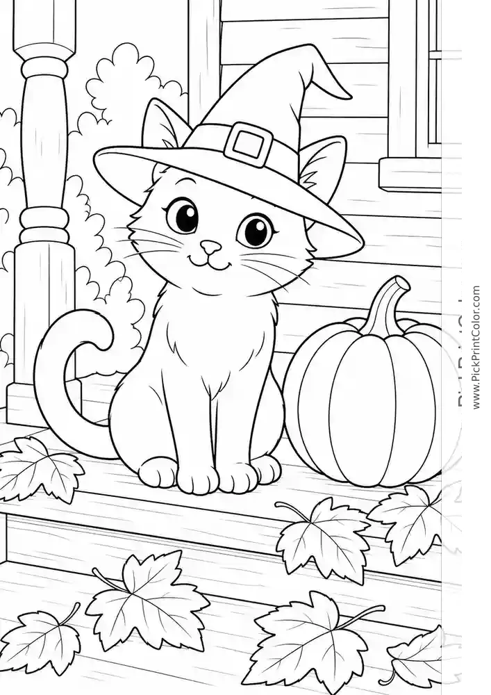 Black Cat in a Witch Hat by a Pumpkin black-and-white printable coloring page