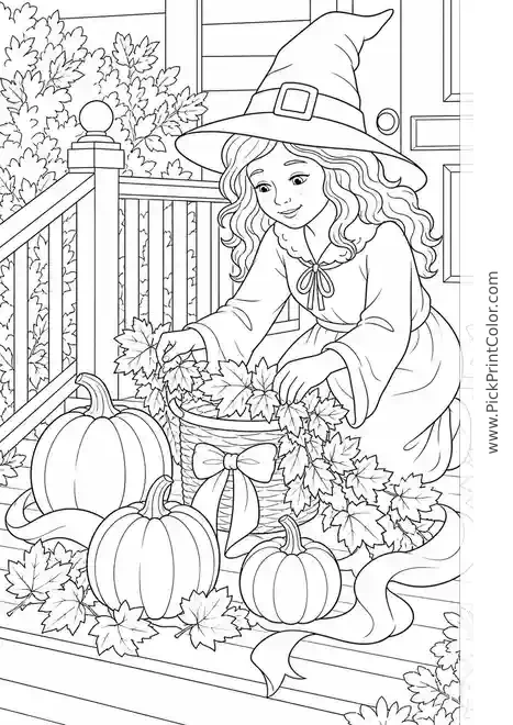 Friendly Witch Decorating a Halloween Porch black-and-white printable coloring page