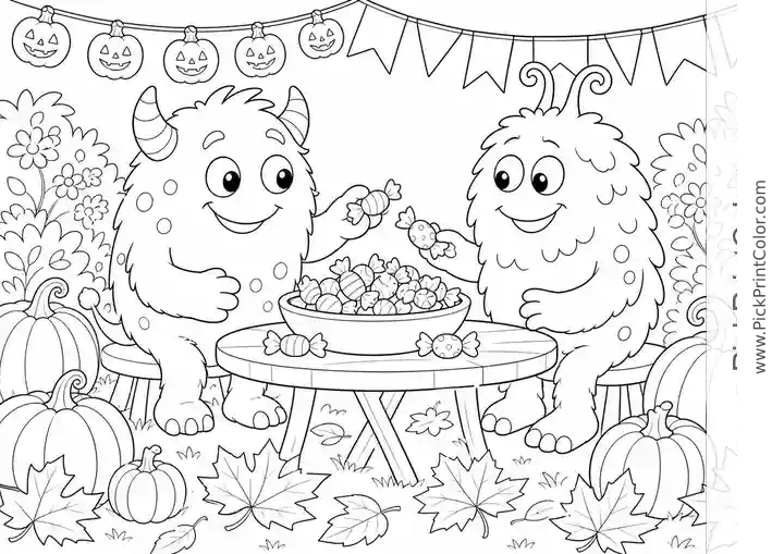 Little Monsters Sharing Halloween Treats black-and-white printable coloring page