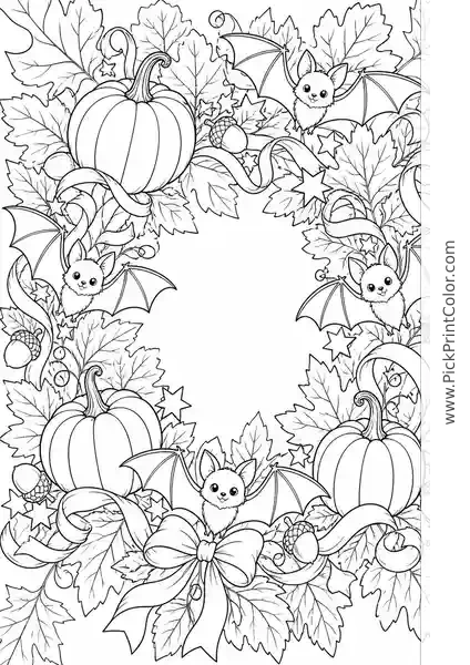 Ornate Halloween Wreath with Pumpkins and Bats black-and-white printable coloring page