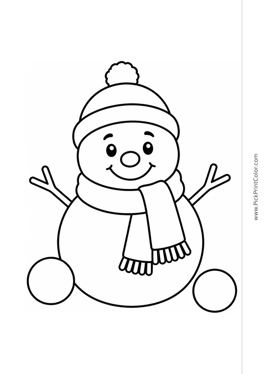Smiling Snowman with a Big Scarf black-and-white printable coloring page