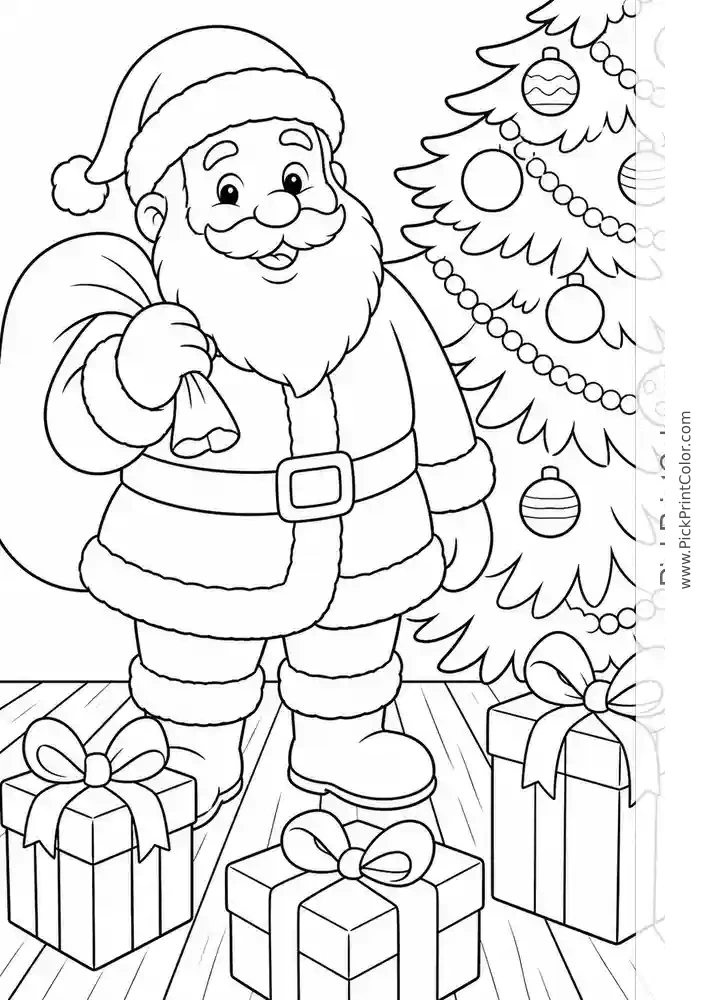 Santa Carrying Gifts by the Christmas Tree black-and-white printable coloring page