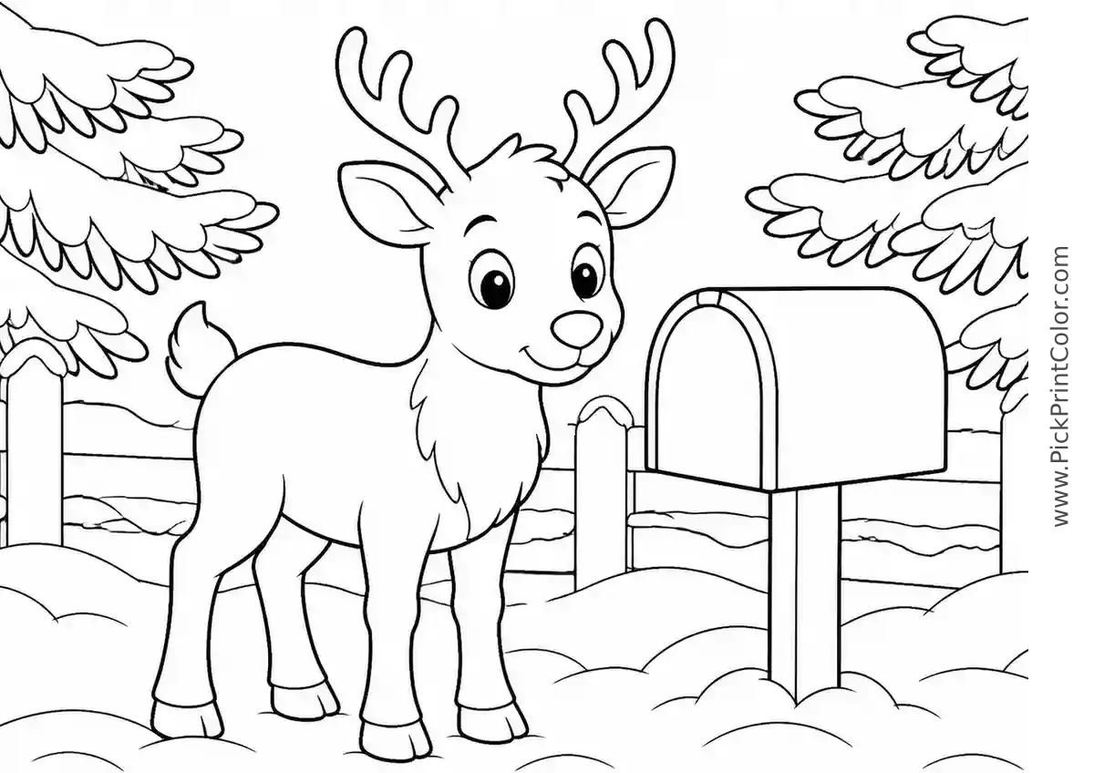 Gentle Reindeer Beside a Snowy Mailbox black-and-white printable coloring page