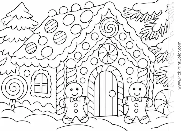 Gingerbread House with Candy Decorations black-and-white printable coloring page