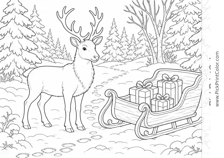 Reindeer and Sleigh in a Snowy Clearing black-and-white printable coloring page