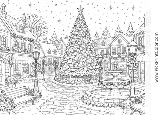 Christmas Village Square Under the Stars black-and-white printable coloring page