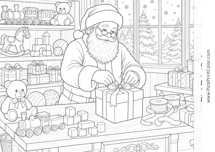 Santa's Detailed Toy Workshop on Christmas Eve black-and-white printable coloring page