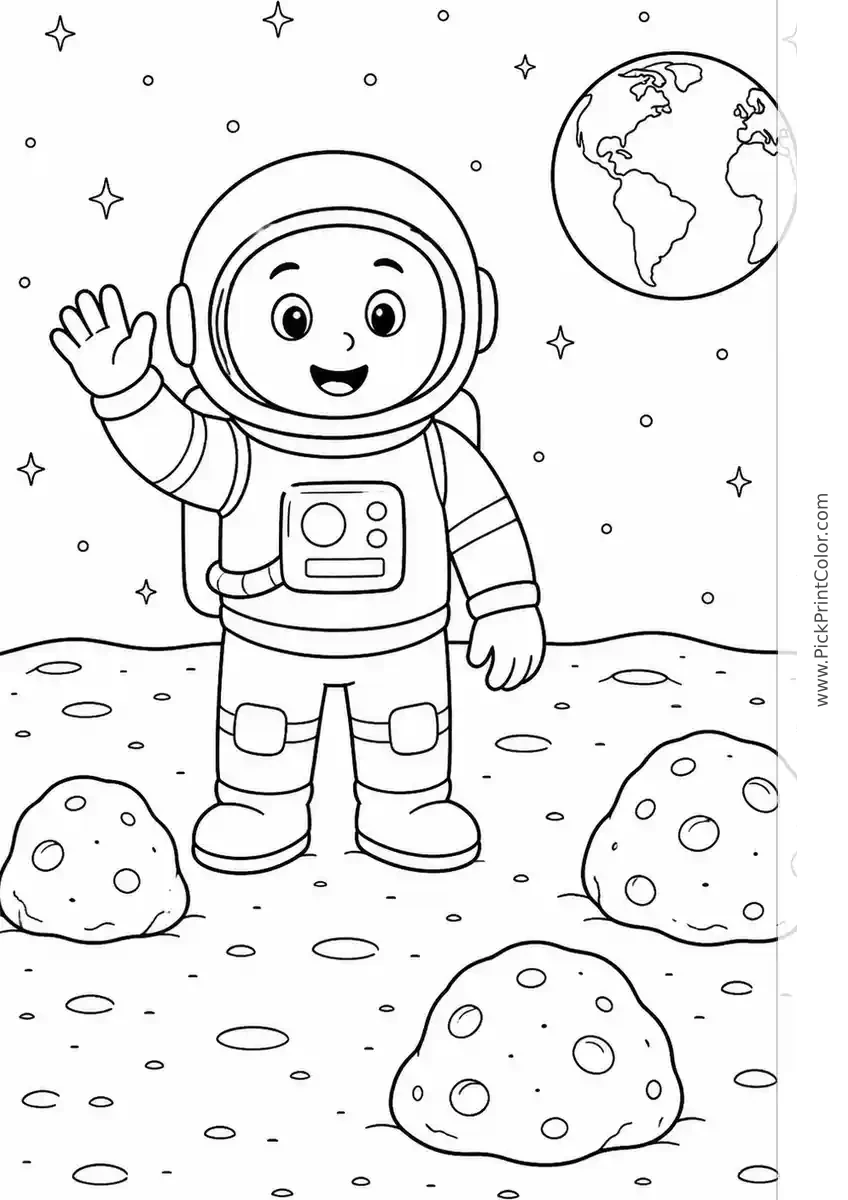 Astronaut Waving on the Moon black-and-white printable coloring page