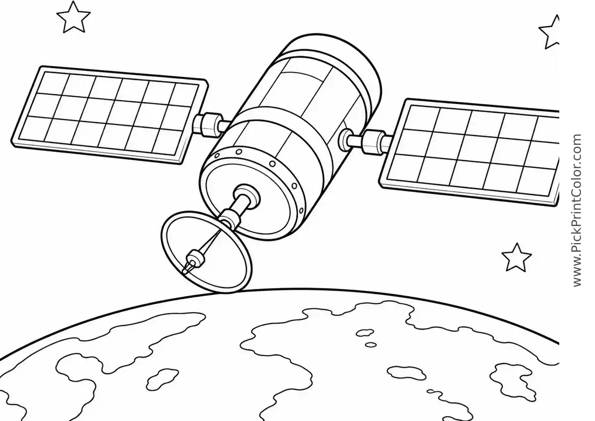 Friendly Satellite Above Earth black-and-white printable coloring page