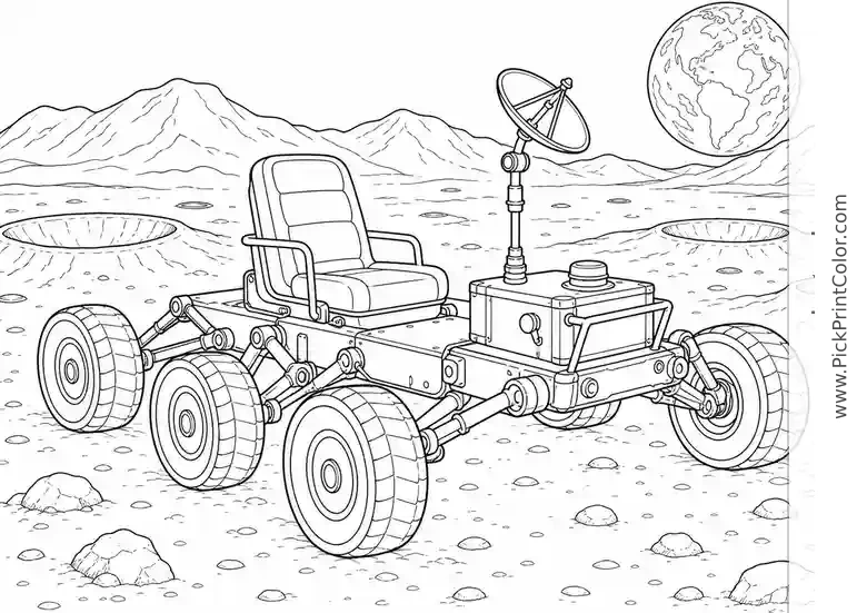 Moon Rover Crossing a Crater Plain black-and-white printable coloring page