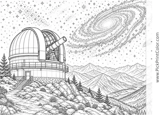 Observatory Viewing a Spiral Galaxy black-and-white printable coloring page