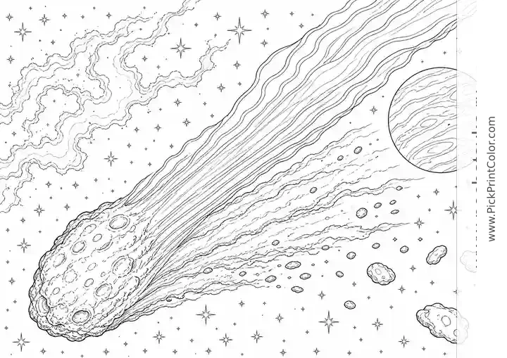 Comet Passing a Distant Planet black-and-white printable coloring page