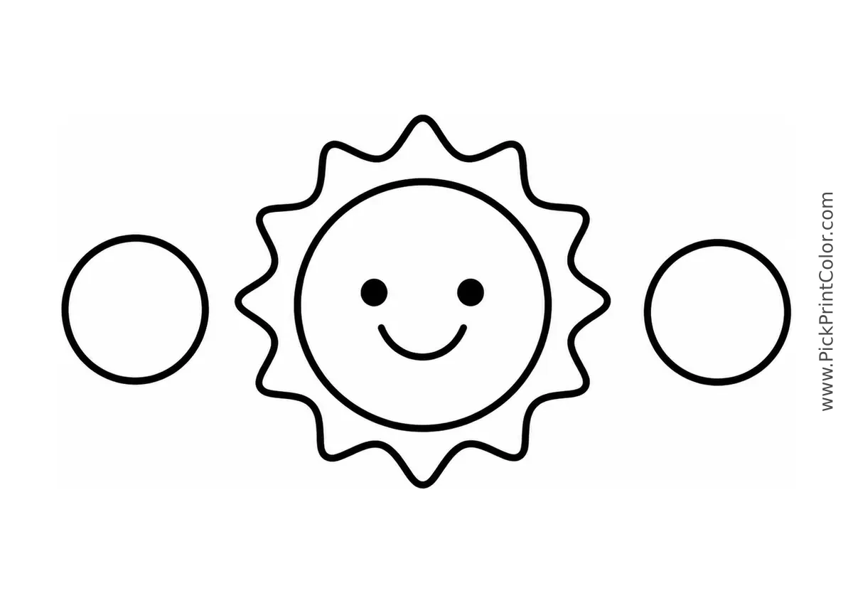 Smiling Sun with Two Big Planets black-and-white printable coloring page