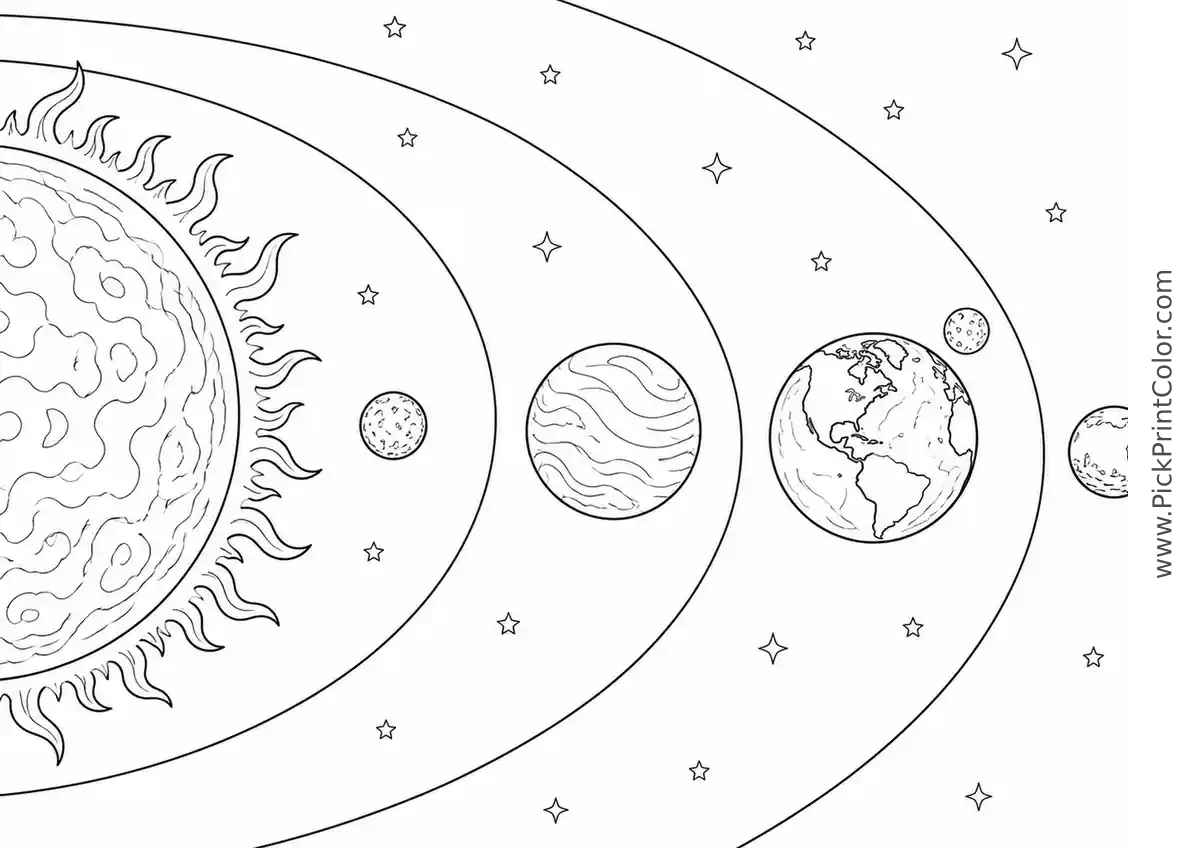 Inner Planets Around the Sun black-and-white printable coloring page