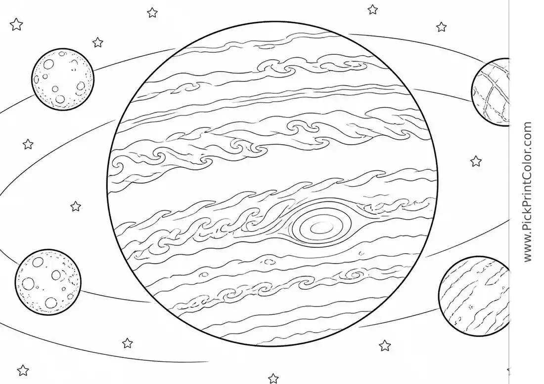 Jupiter with Cloud Bands and Moons black-and-white printable coloring page