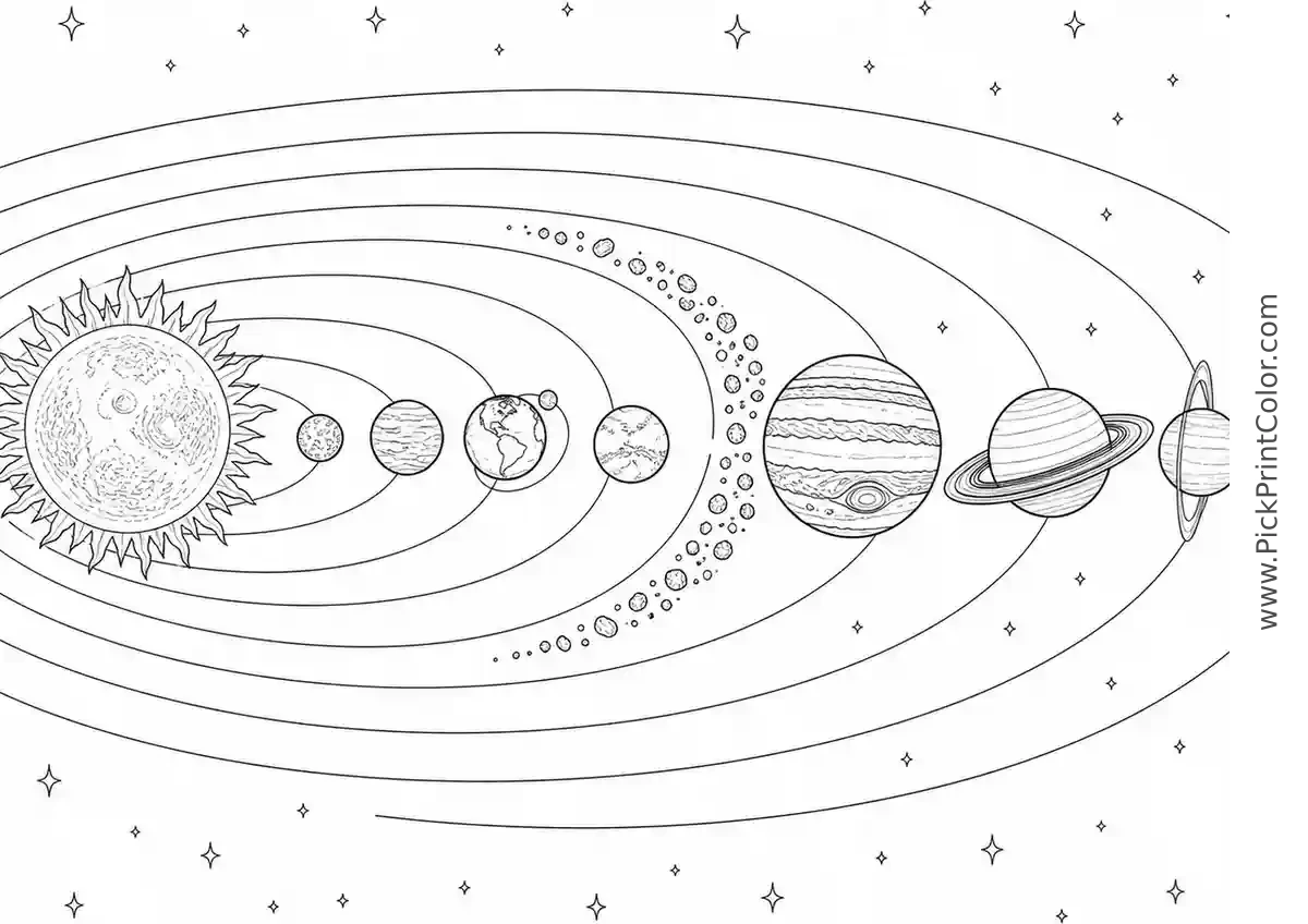 Complete Solar System with Eight Planets black-and-white printable coloring page