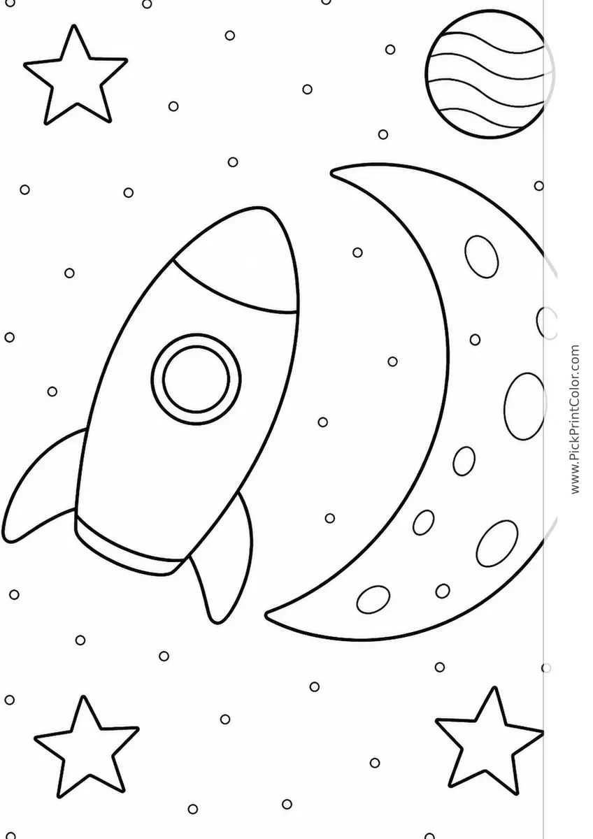 Little Rocket Beside the Moon black-and-white printable coloring page