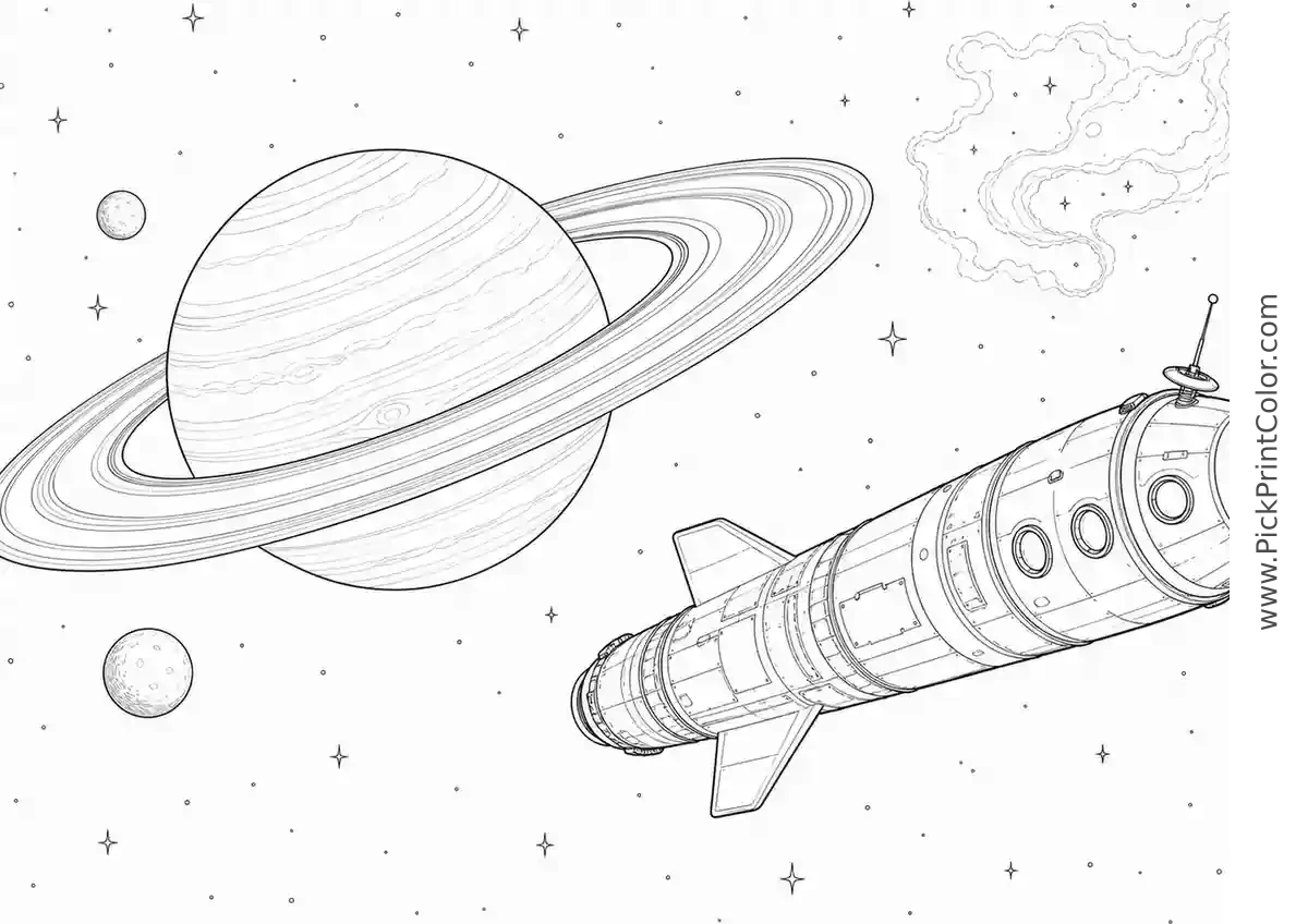 Deep-Space Research Rocket Passing Saturn black-and-white printable coloring page