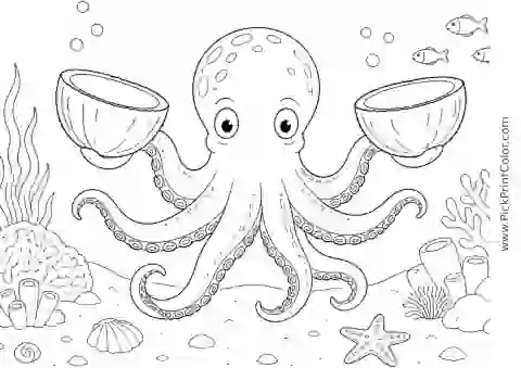 Coconut Octopus Carrying Two Shell Halves printable black-and-white coloring page