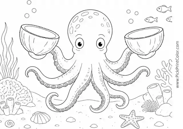 Coconut Octopus Carrying Two Shell Halves printable black-and-white coloring page