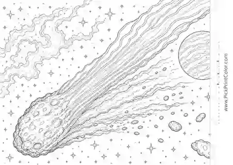 Comet Passing a Distant Planet black-and-white printable coloring page