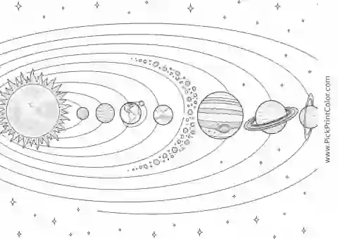 Complete Solar System with Eight Planets black-and-white printable coloring page