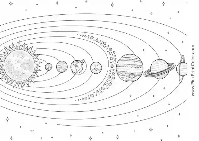 Complete Solar System with Eight Planets black-and-white printable coloring page