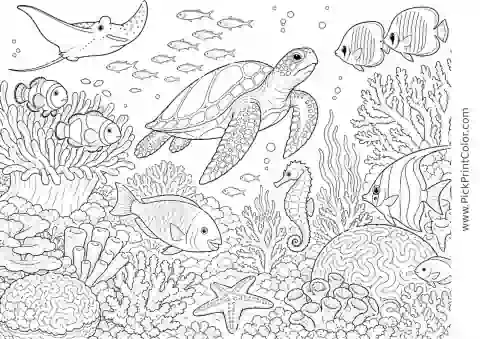 Coral Reef Ecosystem with Many Sea Creatures printable black-and-white coloring page